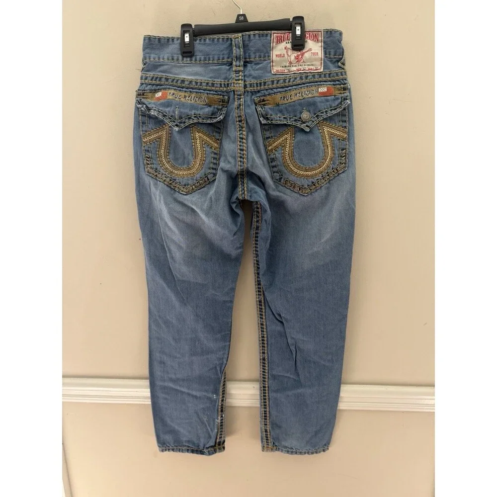 True Religion Jeans Men 34 Light Blue Big T Embroidered Straight Made in Vietnam